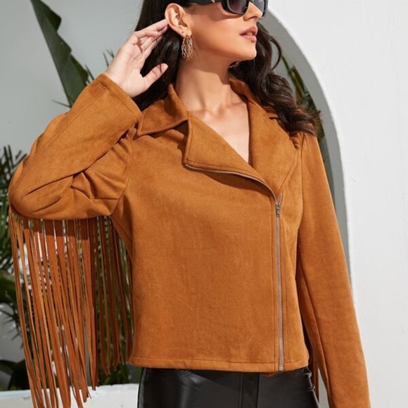 Boho Western Zip Up Fringe Trim Jacket camel - Picture 2 of 6